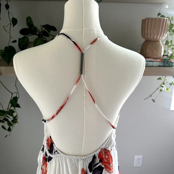 Volcom Floral Halter Maxi Dress XS White Orange Backless Boho, Resort, Beach - Picture 4 of 9